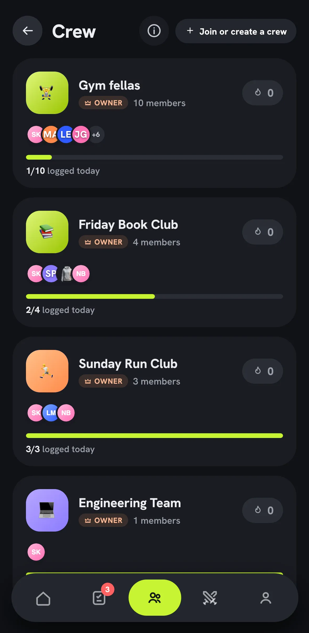 Crew list in dark mode.