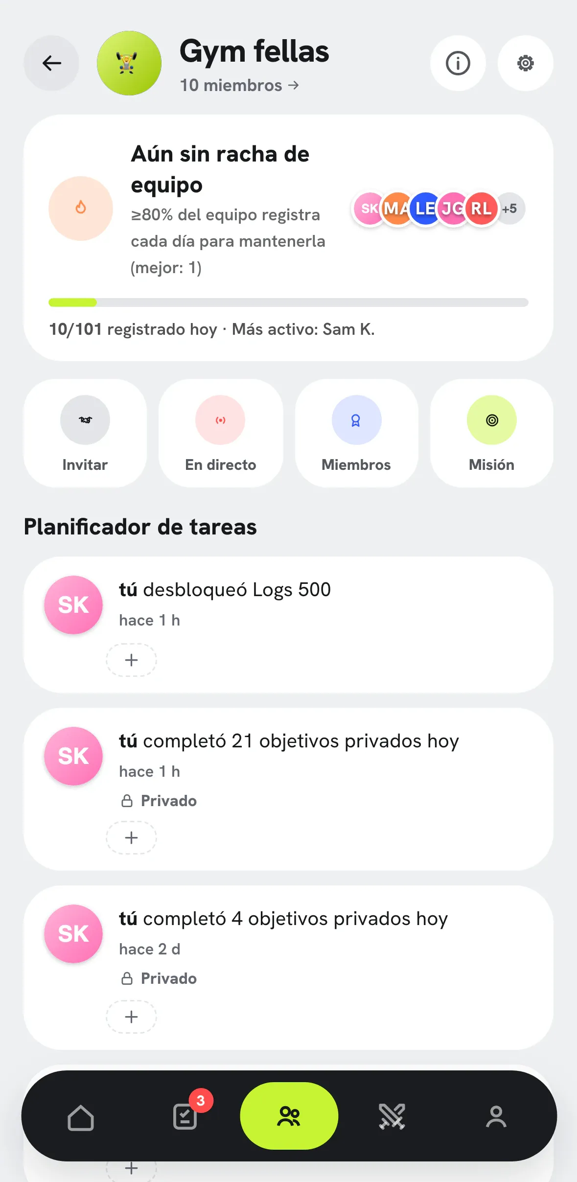 Pantalla de Crew con racha, progreso semanal y actividad.