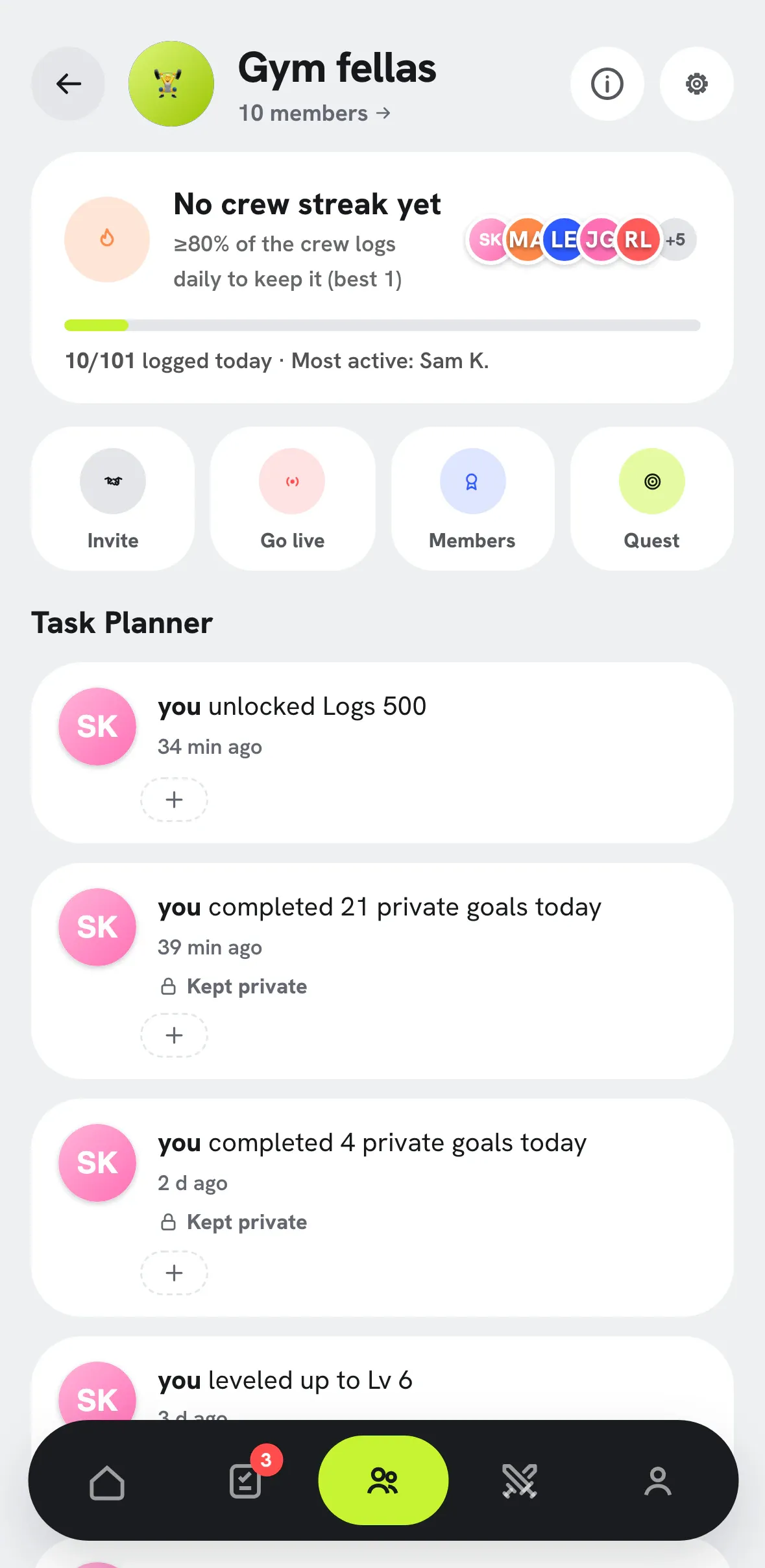 Crew screen with a crew streak, weekly progress and an activity feed.