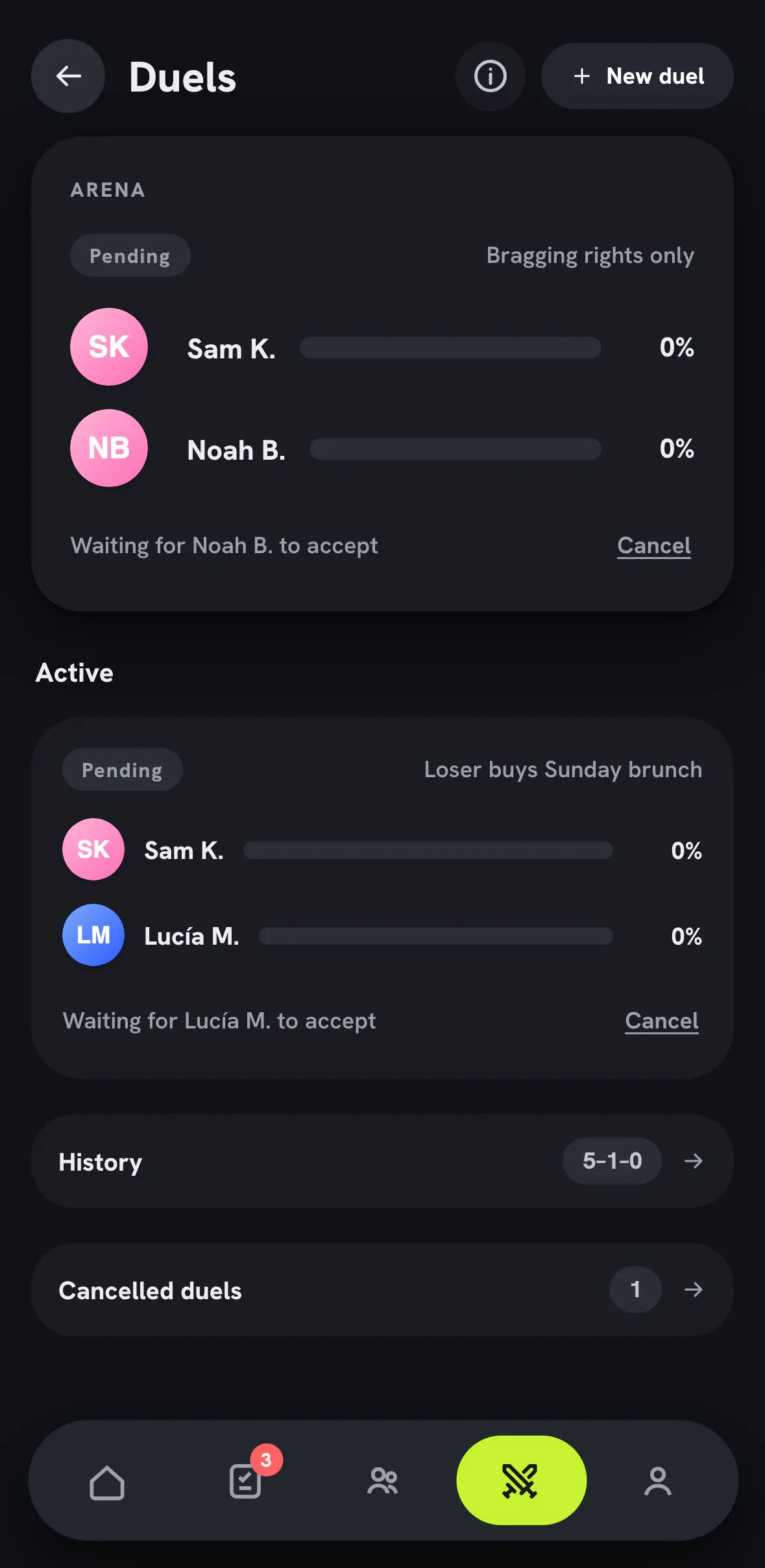 Dasyt Duels screen in dark mode with an active one-on-one duel.