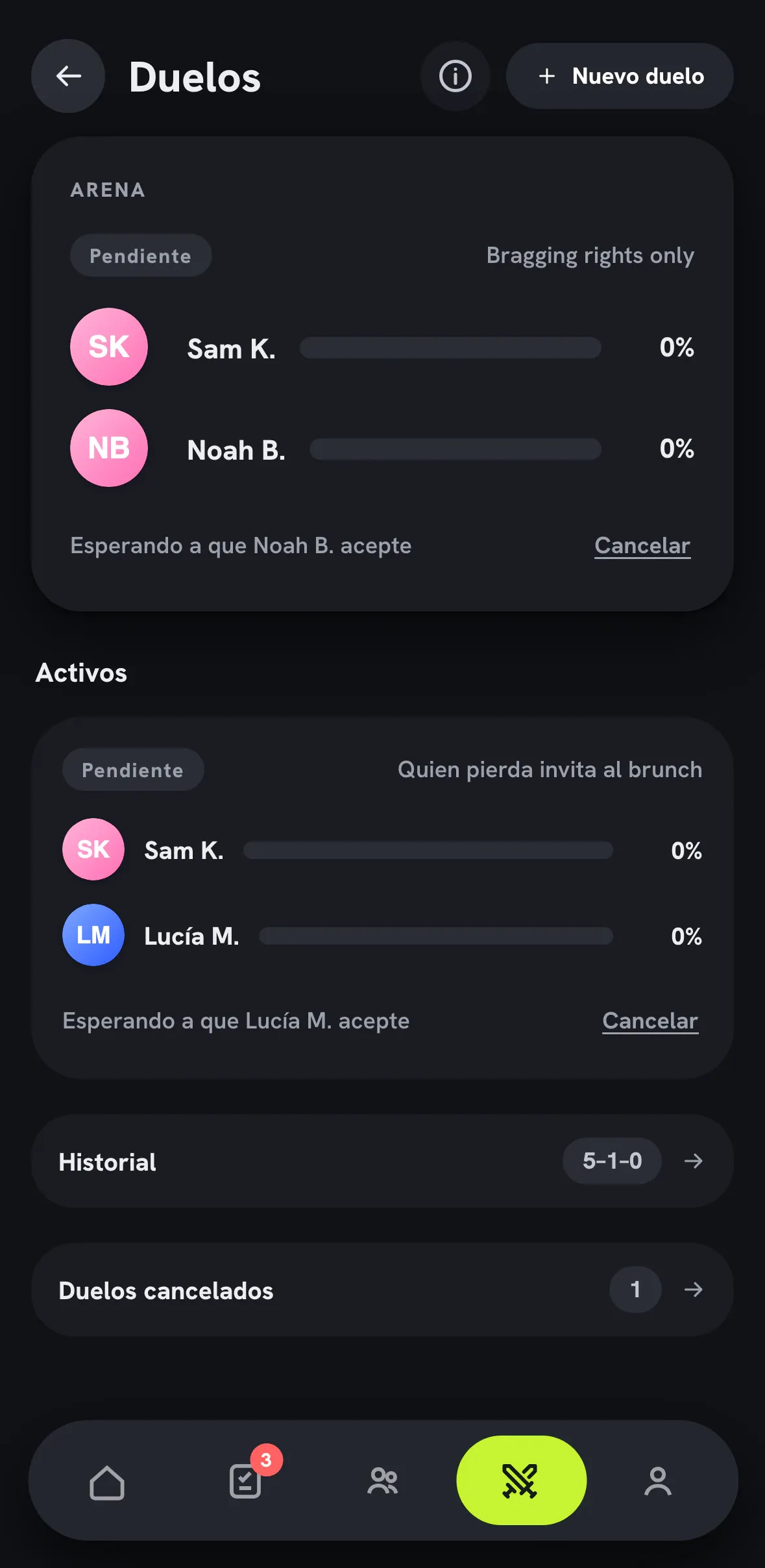 Pantalla de Duelos de Dasyt en modo oscuro con un duelo activo.