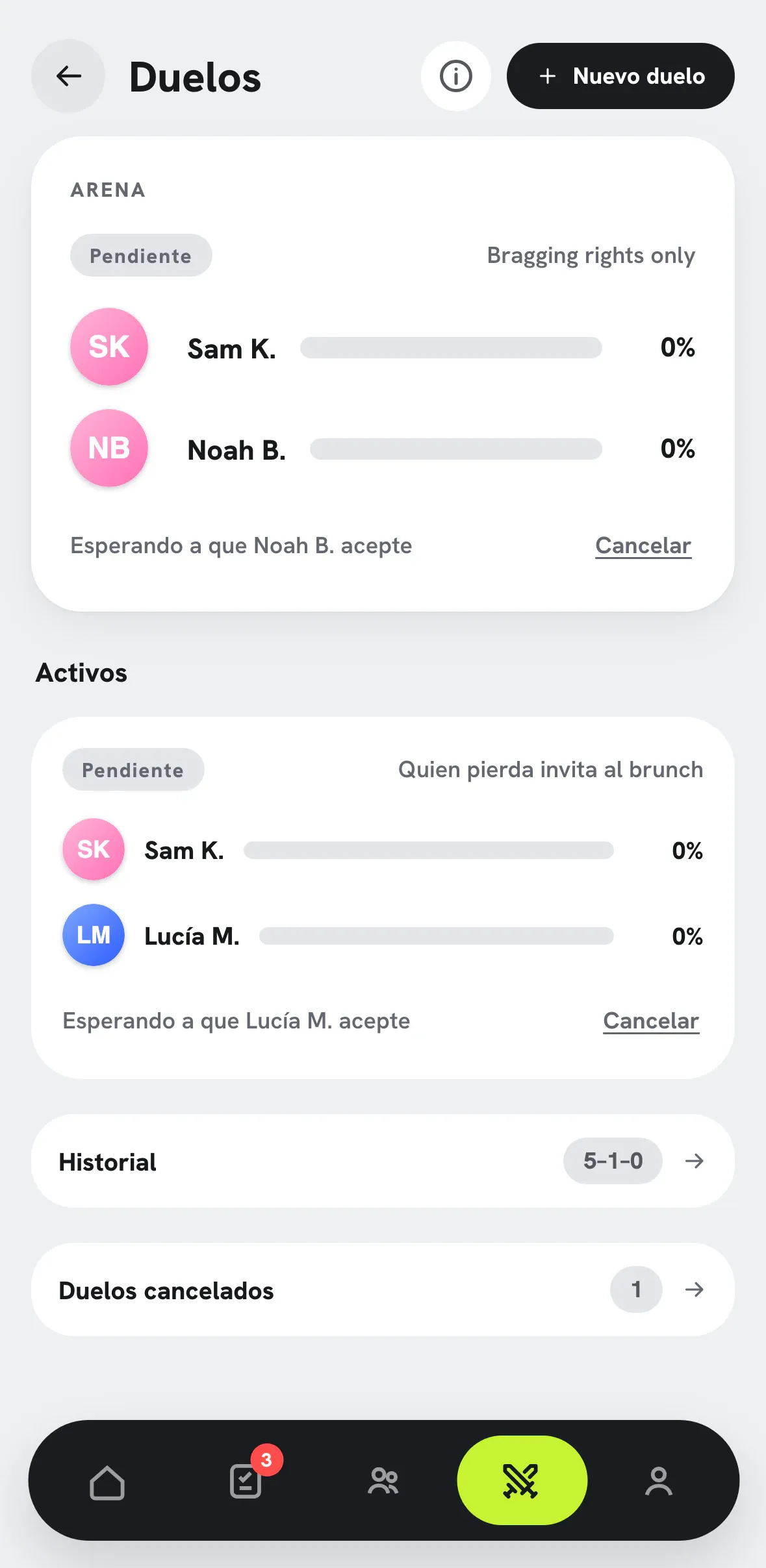 Pantalla de Duelos con un duelo activo, apuesta y estadísticas.