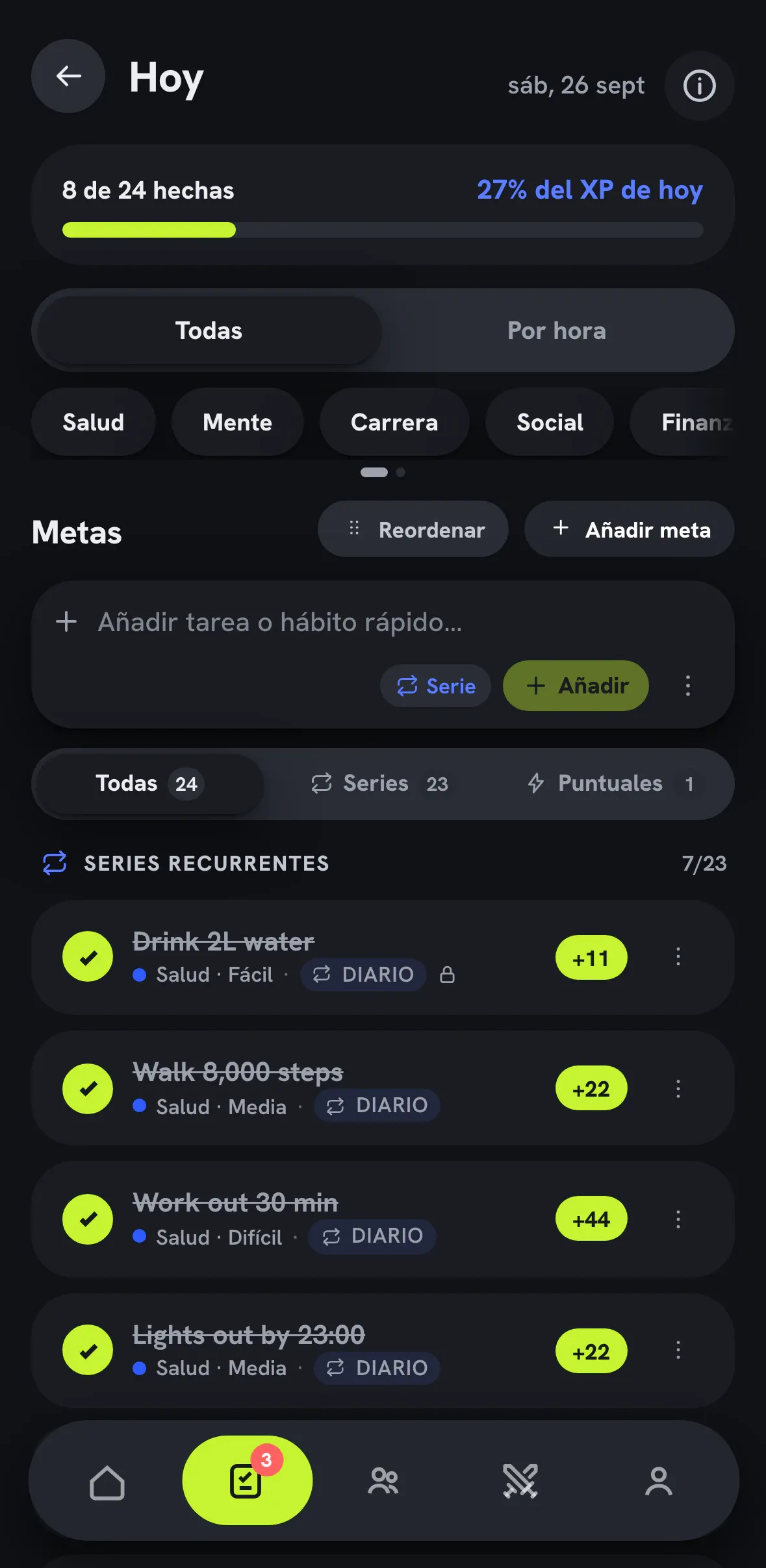 Pantalla de objetivos en modo oscuro.