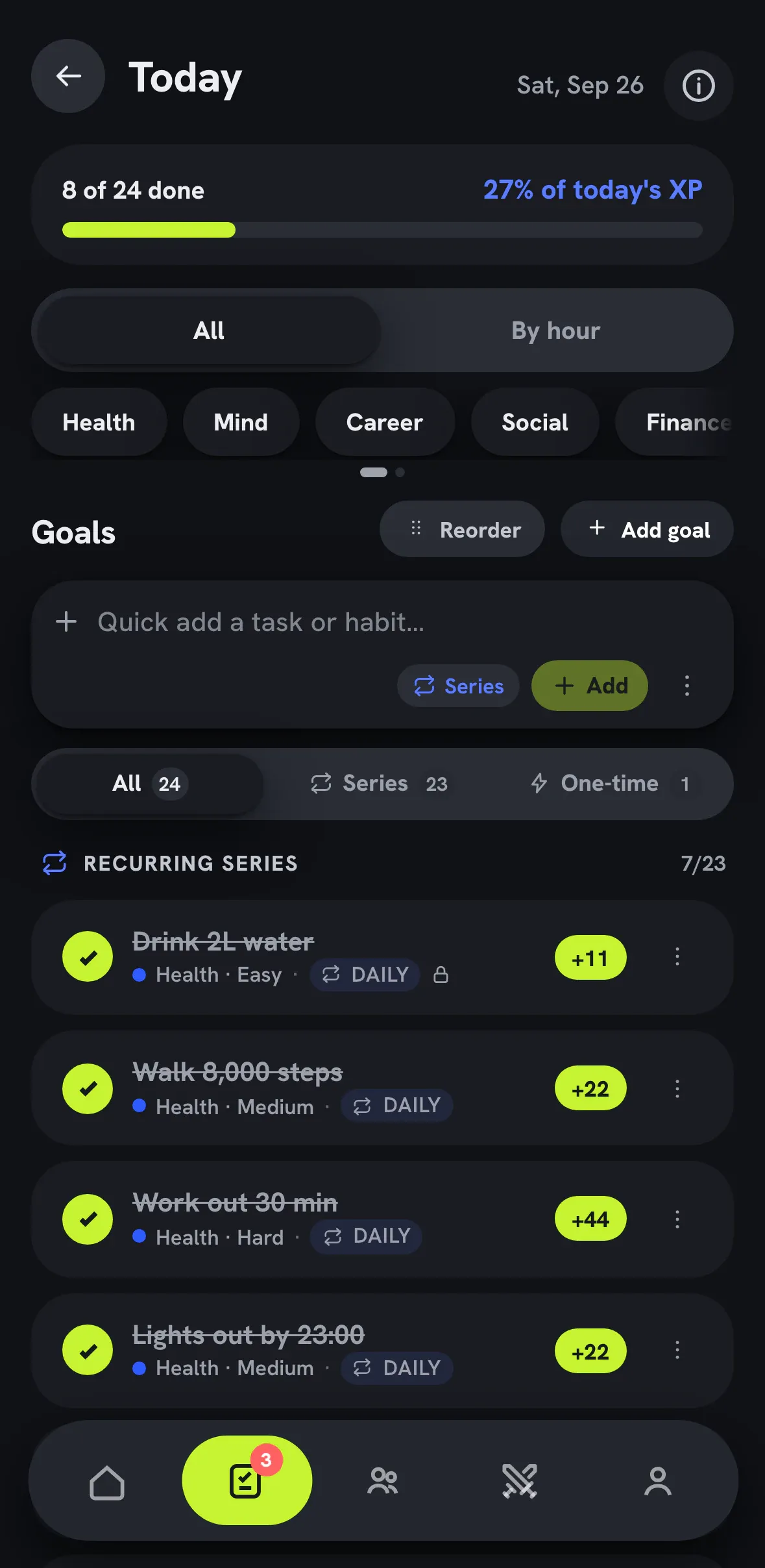 Goals screen in dark mode.