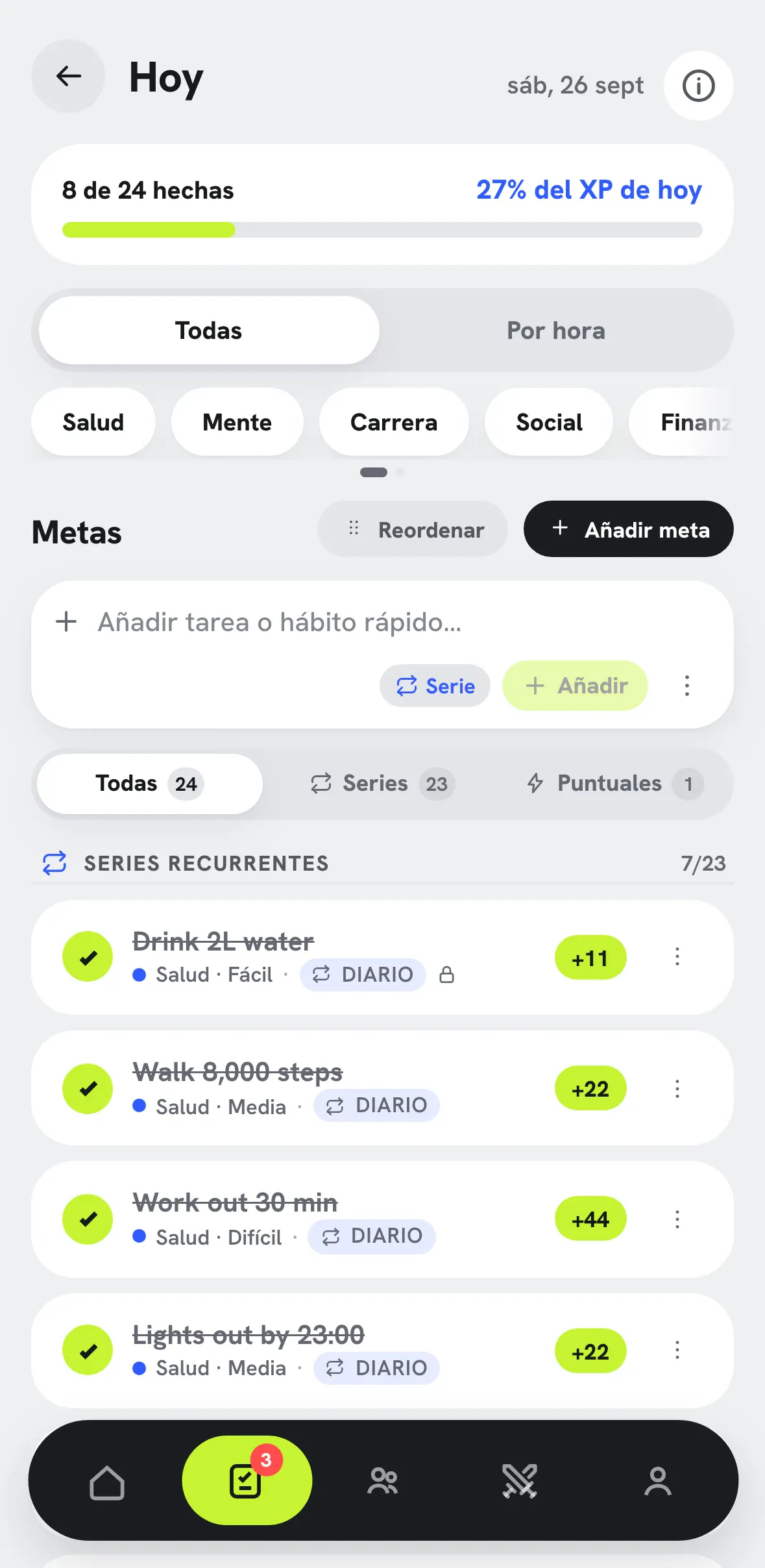 Pantalla de objetivos con la semana y objetivos por área y XP.