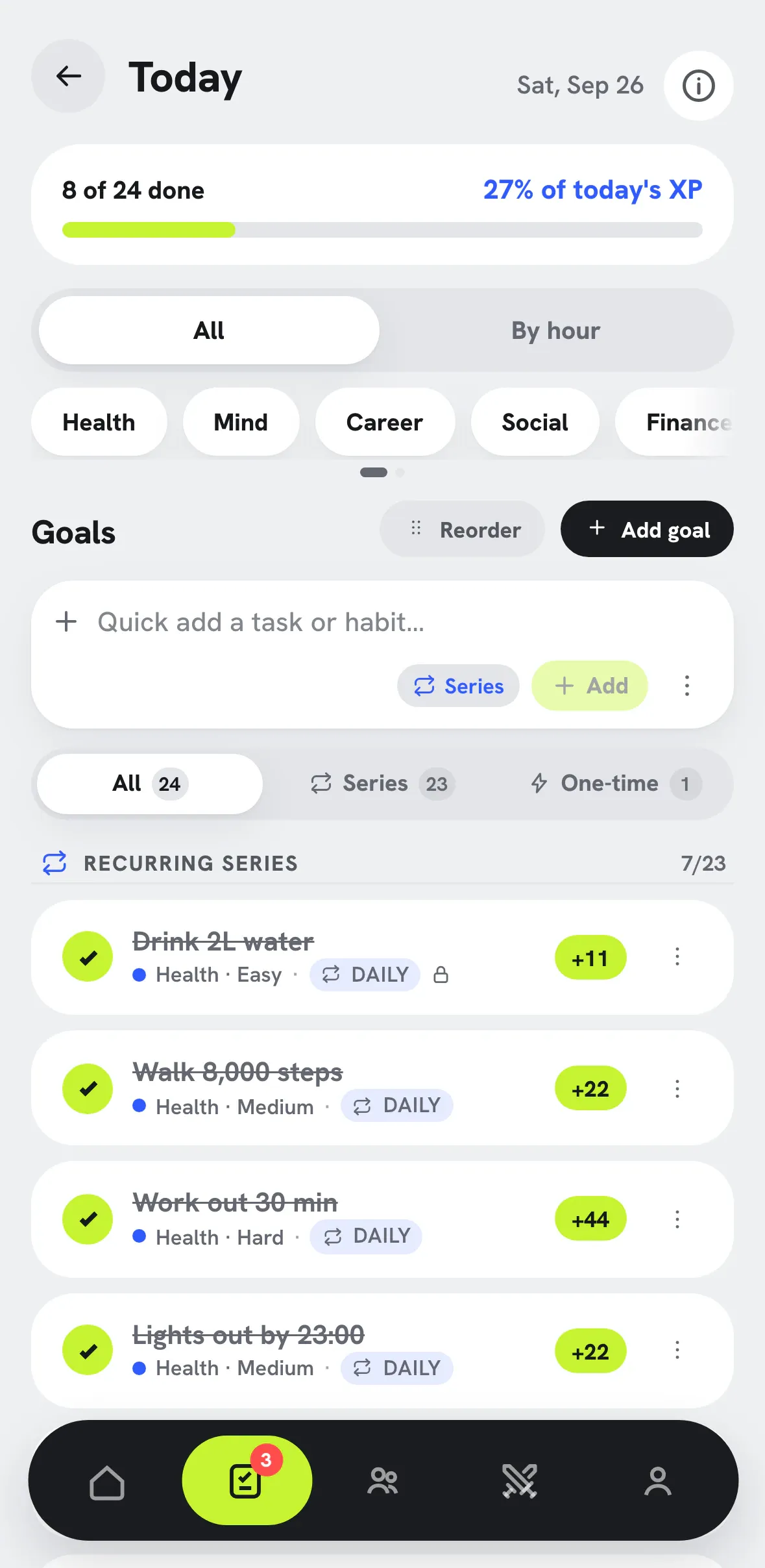 Goals screen with a week strip and goals tagged by life area and XP.