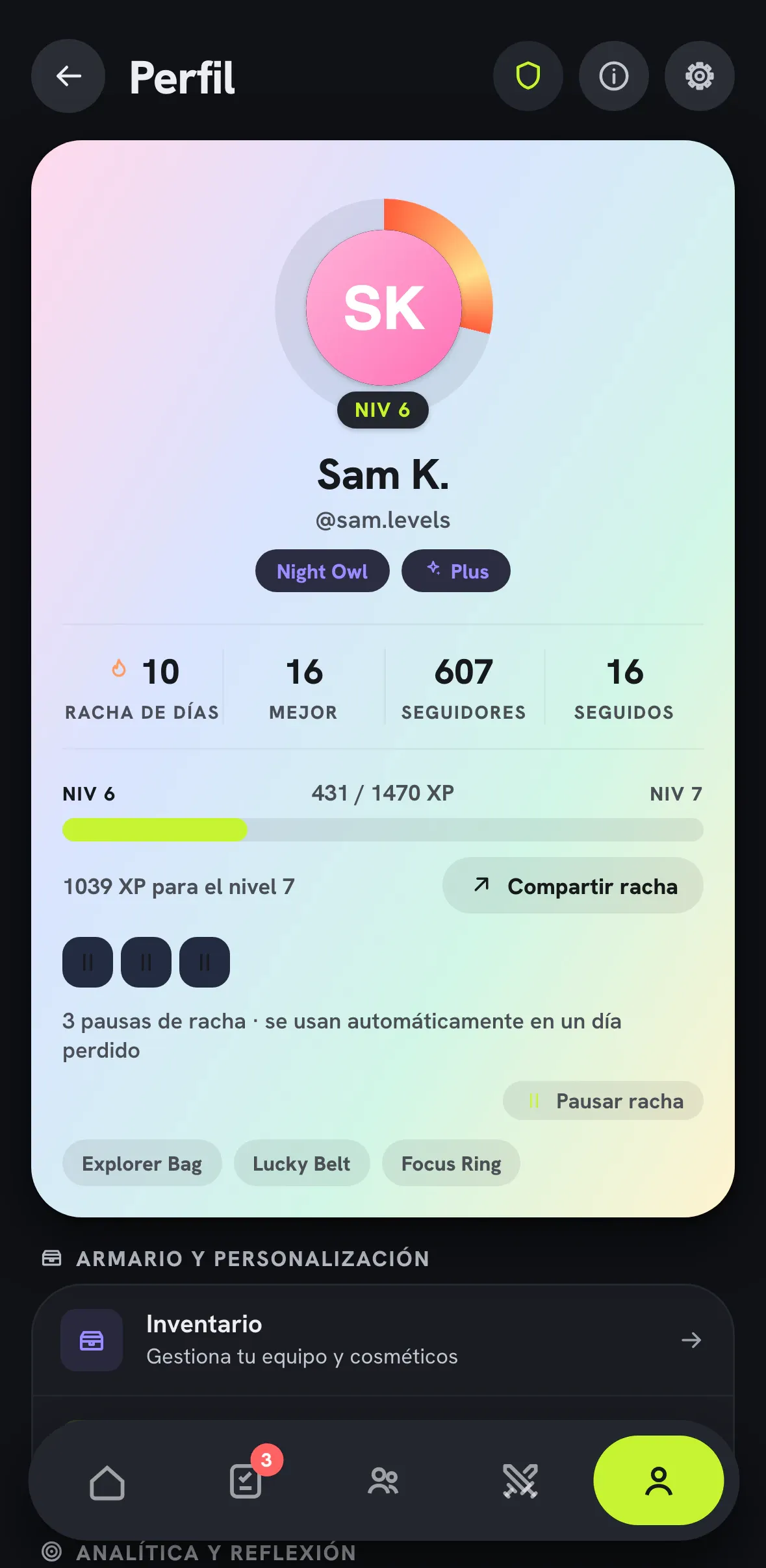 Pantalla de Perfil en modo oscuro.