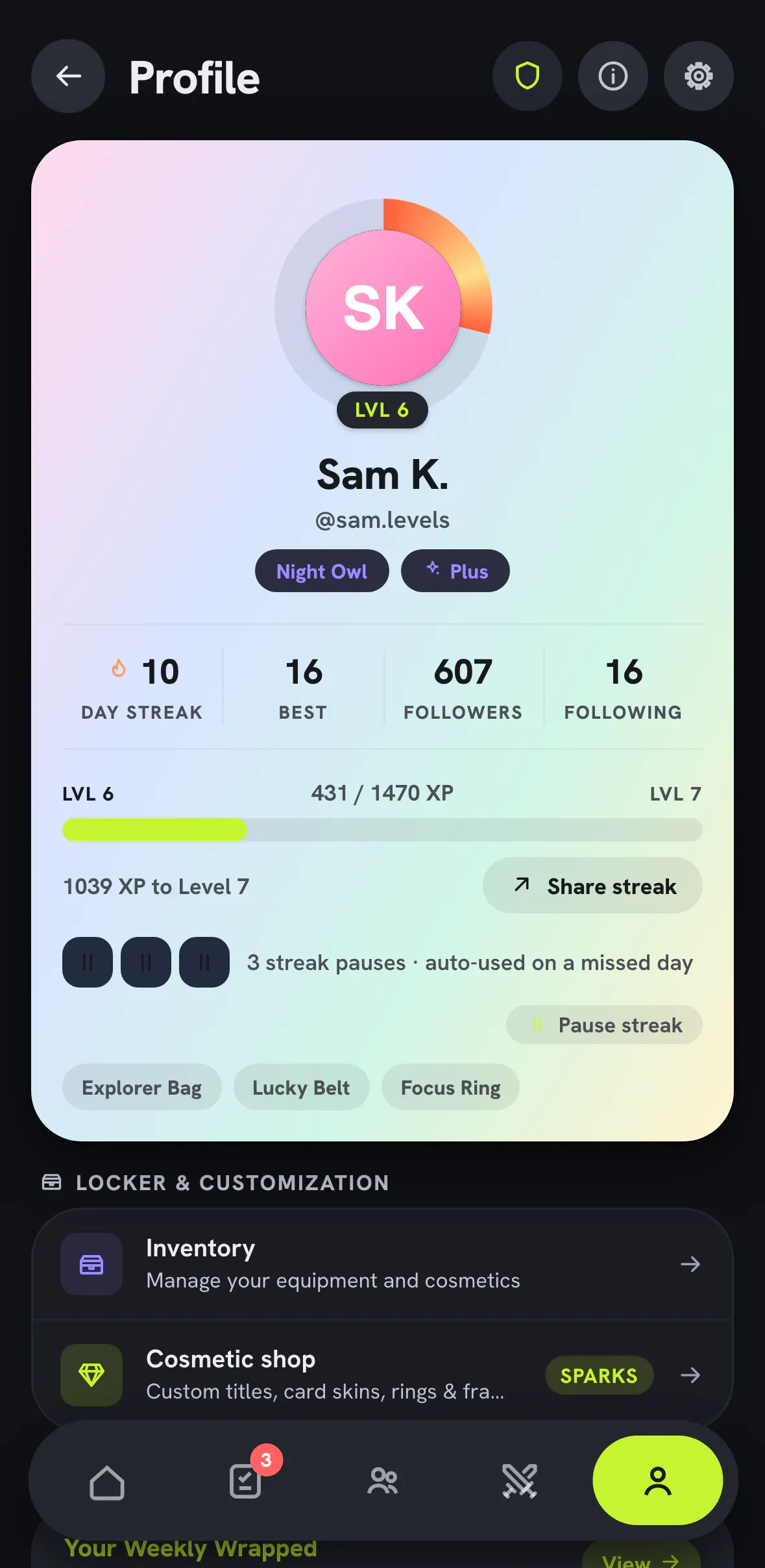Profile screen in dark mode.