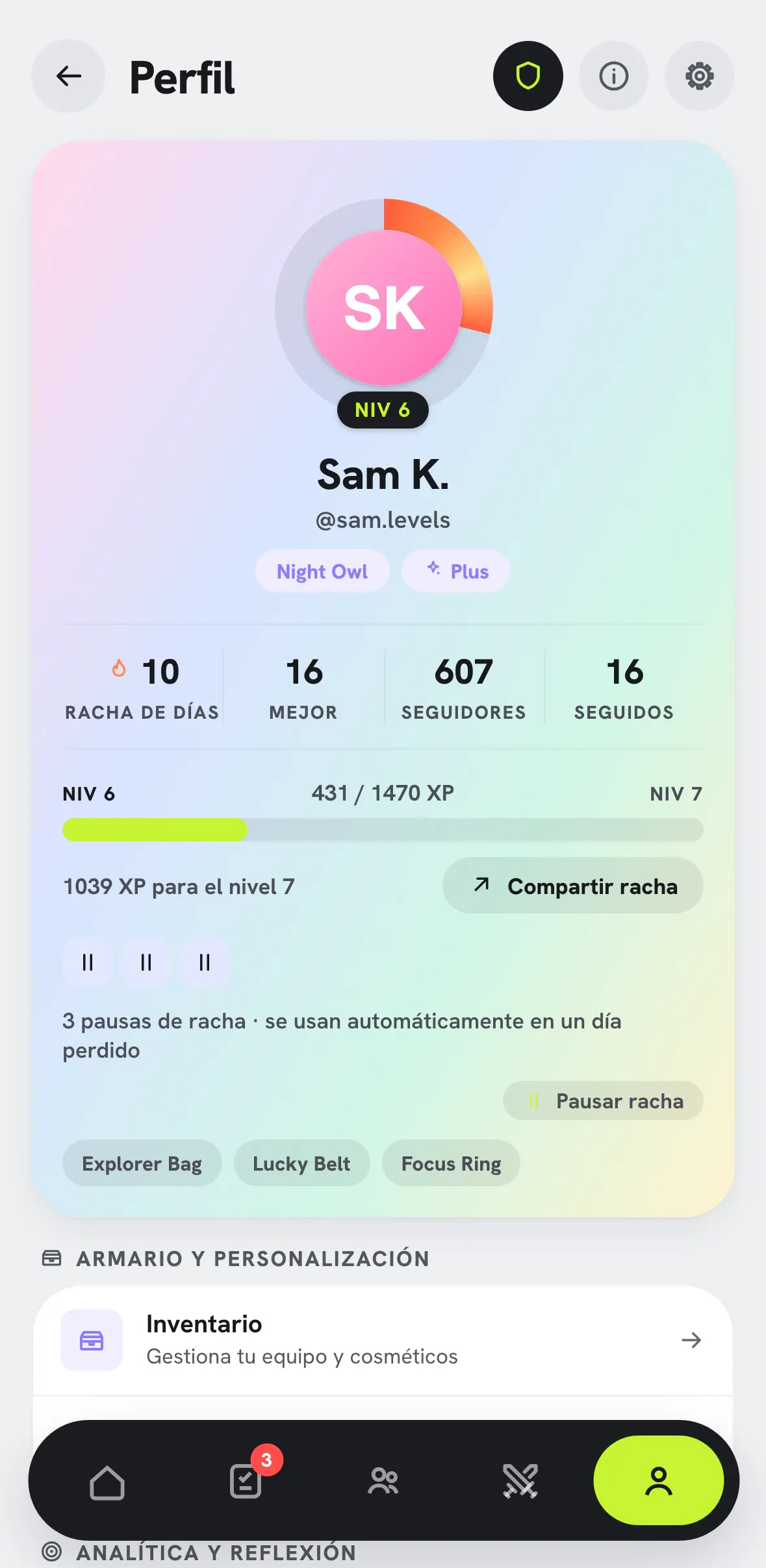 Pantalla de Perfil de Dasyt con nivel, racha, anillo y estadísticas.