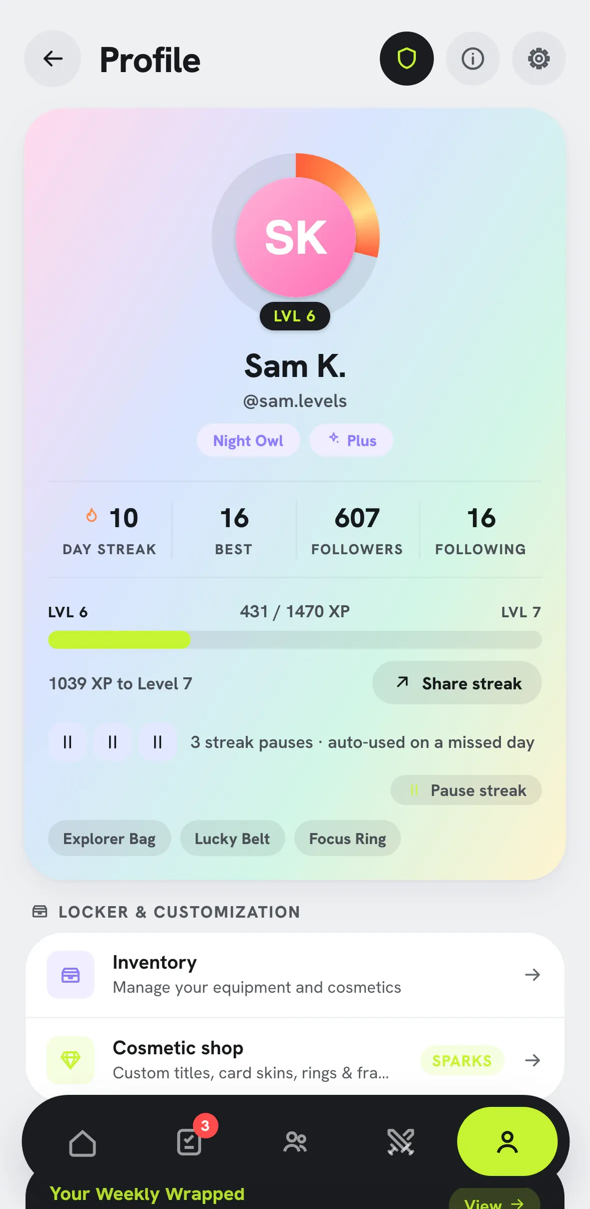 Dasyt Profile screen with level, streak, story ring and stats.