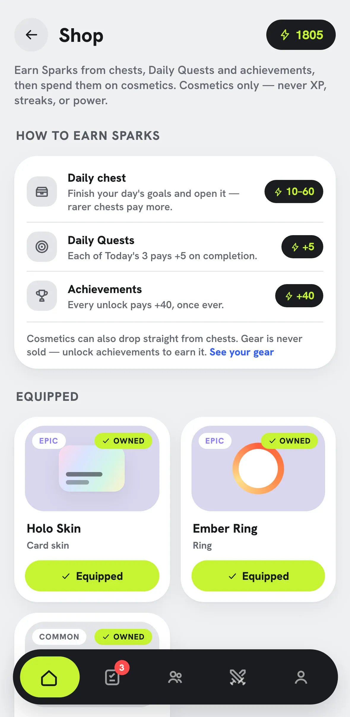 Shop screen with cosmetic items and the Sparks balance.