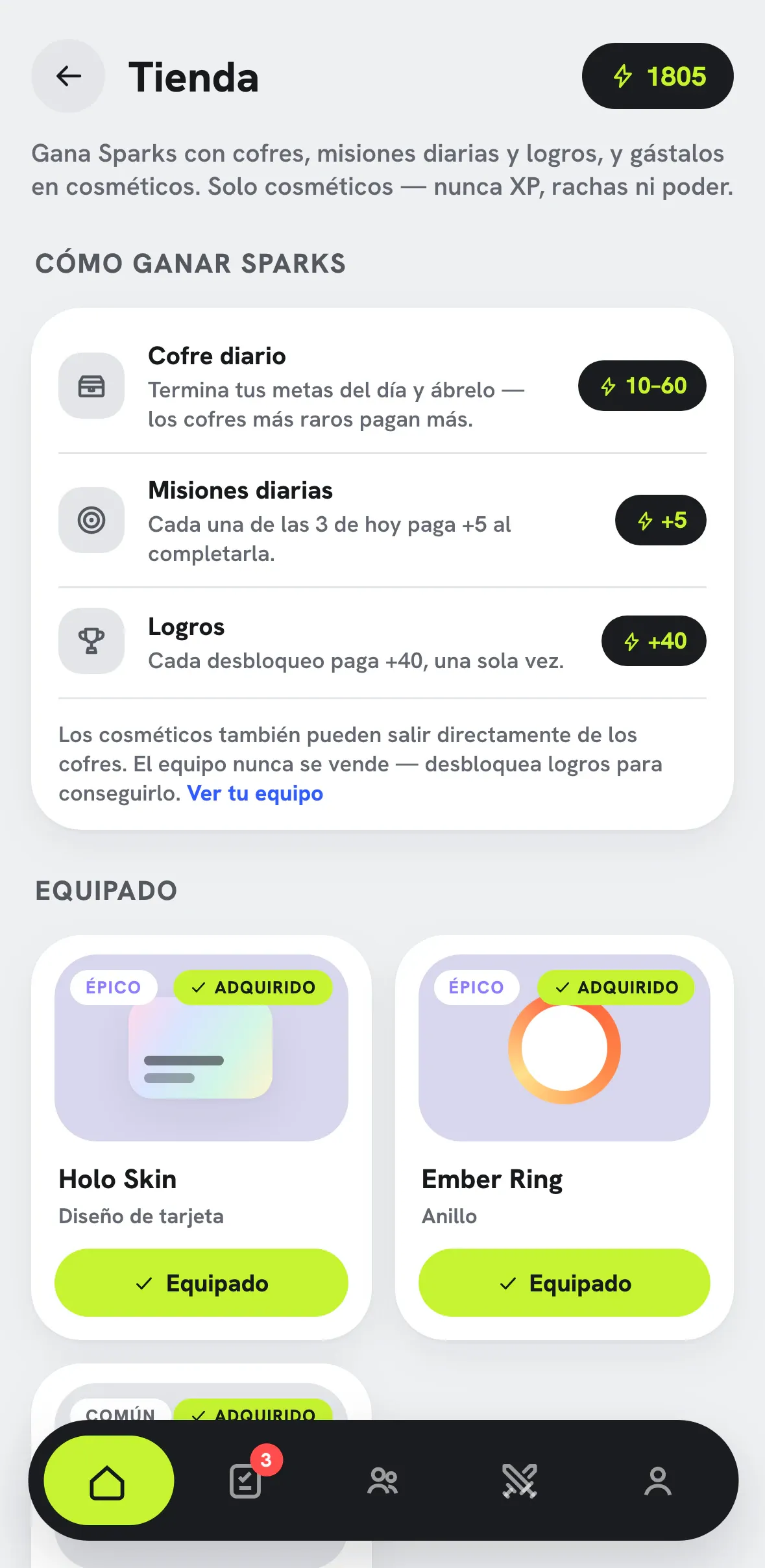 Pantalla de la tienda con cosméticos y saldo de Sparks.