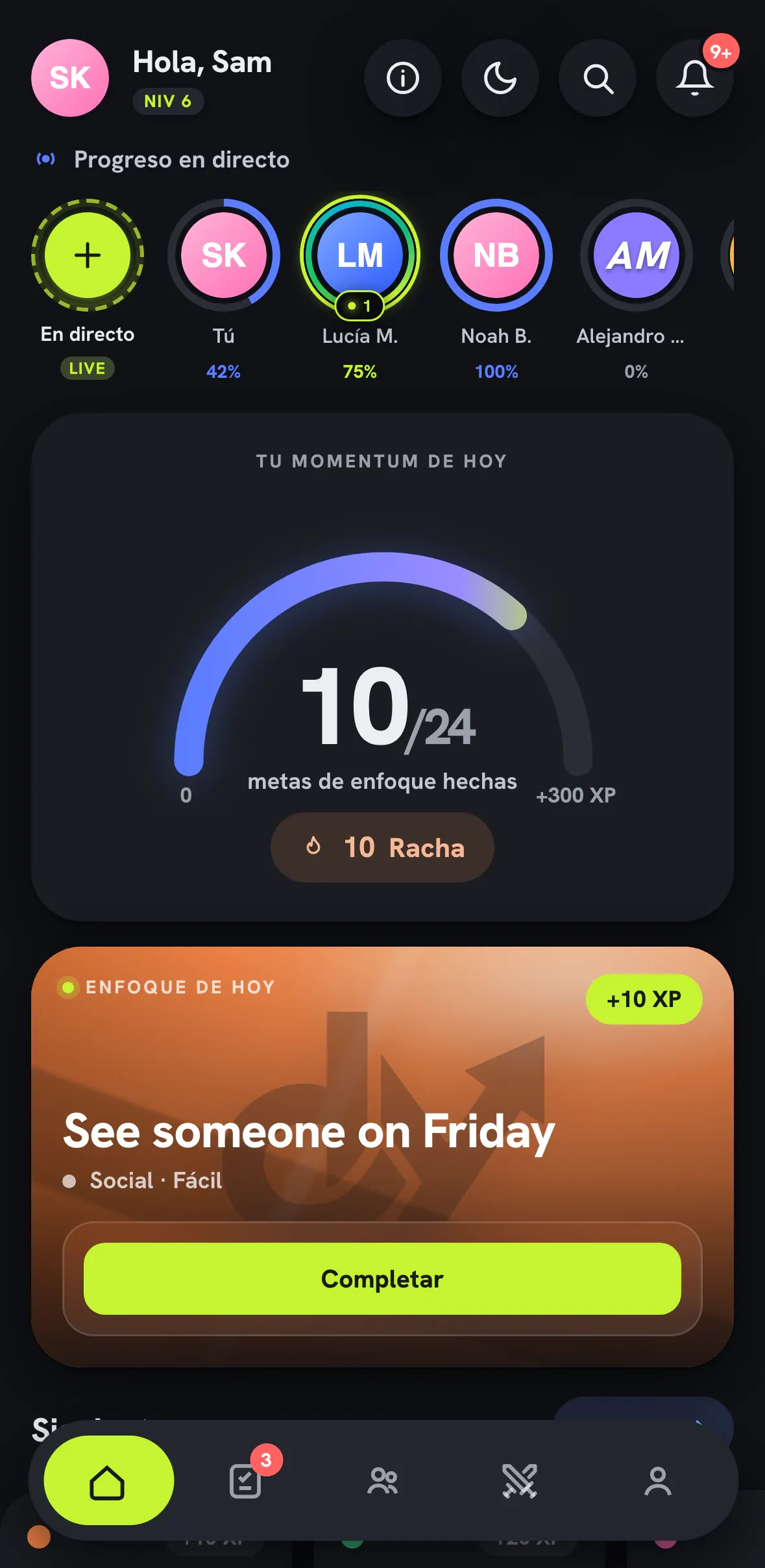 Pantalla Hoy en modo oscuro.