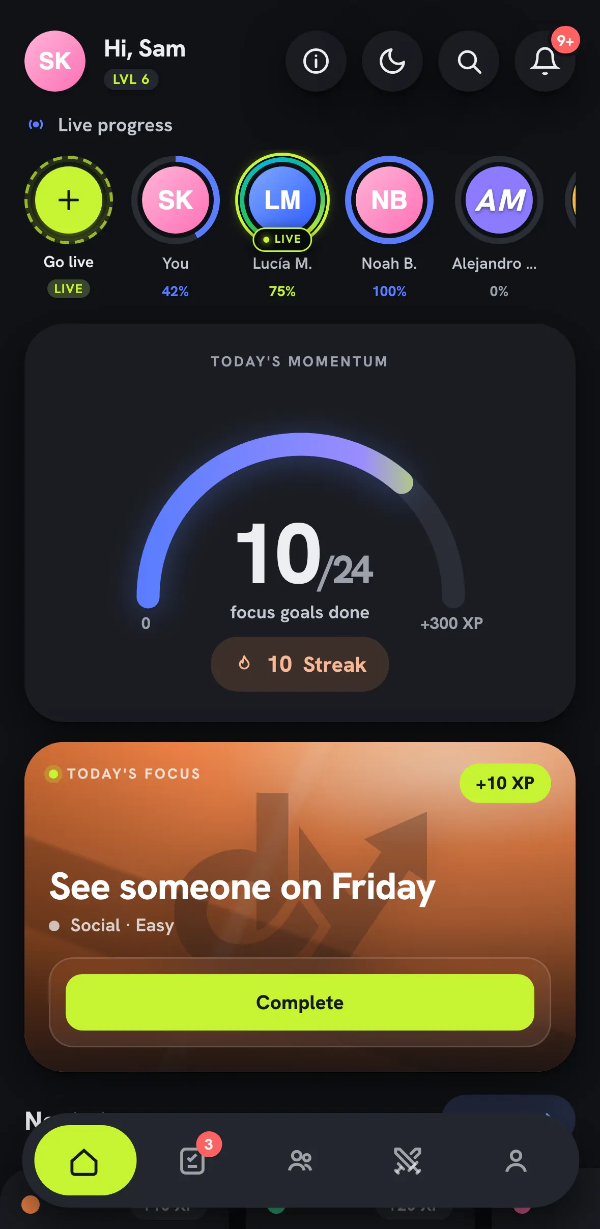 Today screen in dark mode.