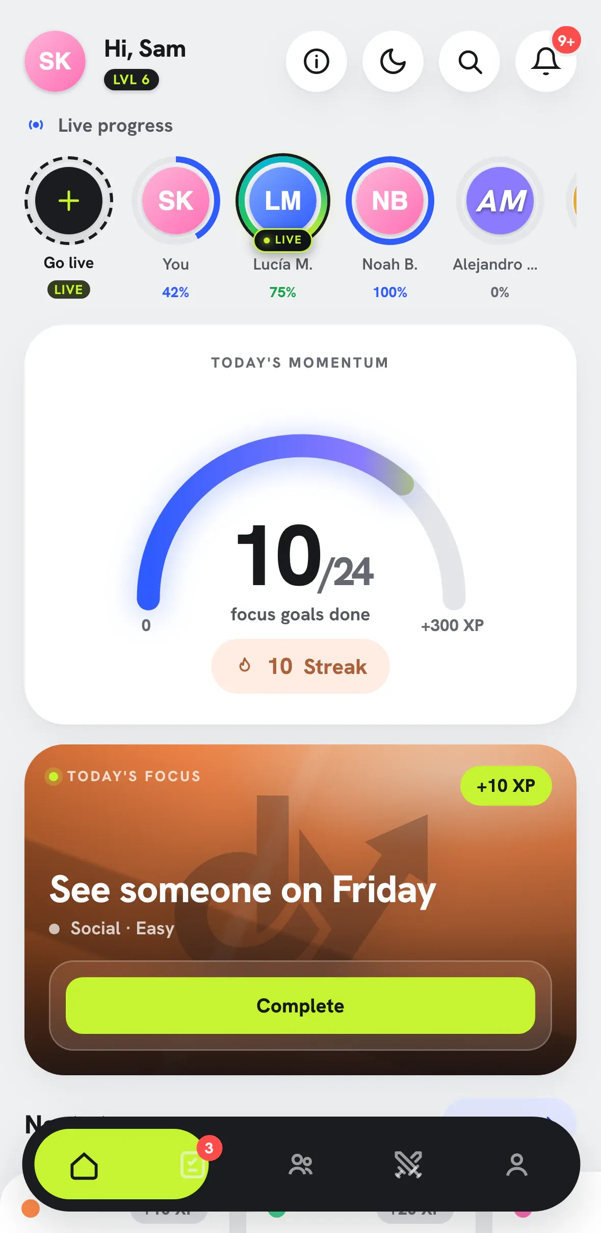 Dasyt Today screen: a momentum gauge, today’s focus goal and friends’ live story rings.