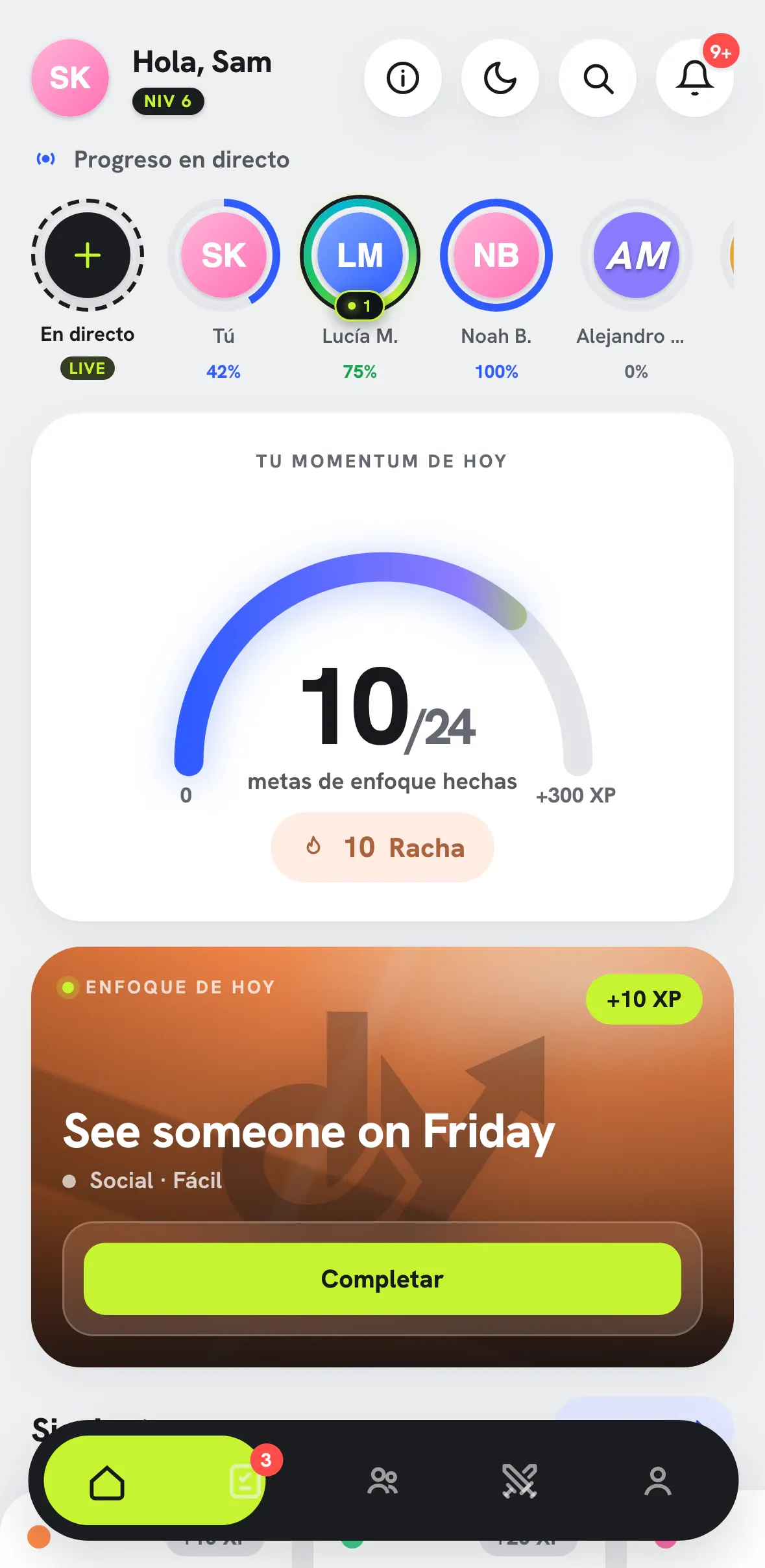 Pantalla Hoy de Dasyt: indicador de impulso, objetivo del día y anillos en vivo de tus amigos.